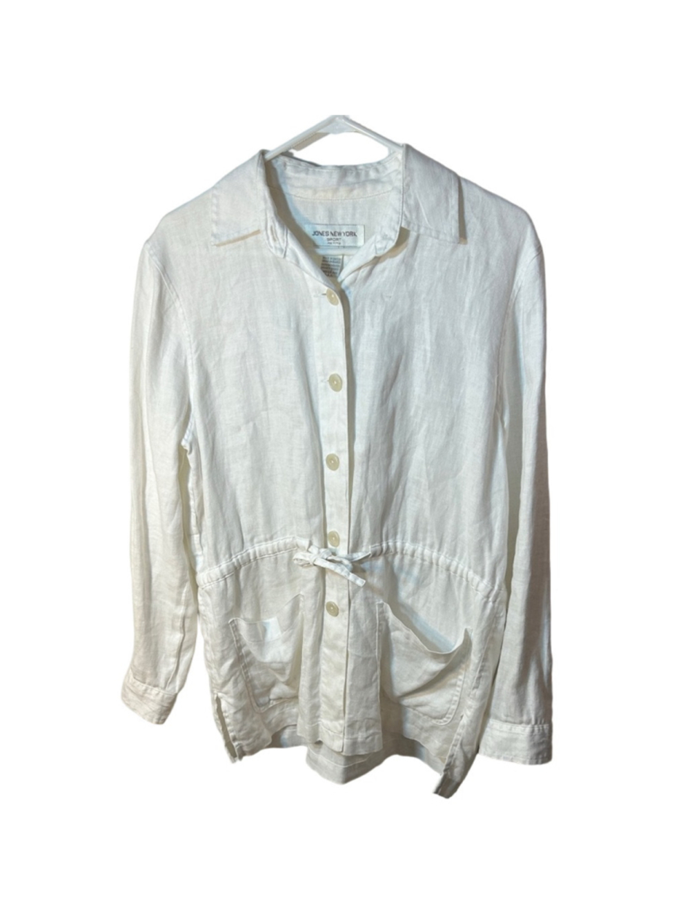 Jones New York Sport Off-White Linen Button-Up Top Coastal Western Medium Petite